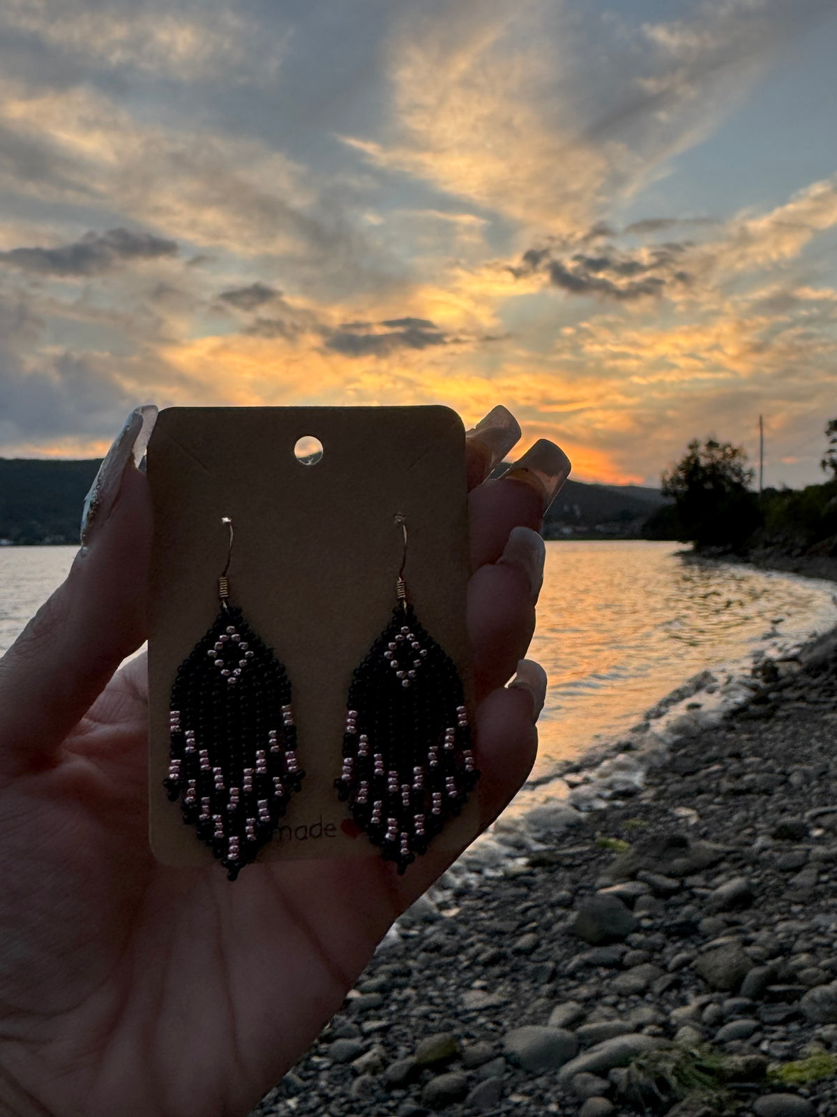 Beaded Earrings - Short Fringe Black & Rose Gold