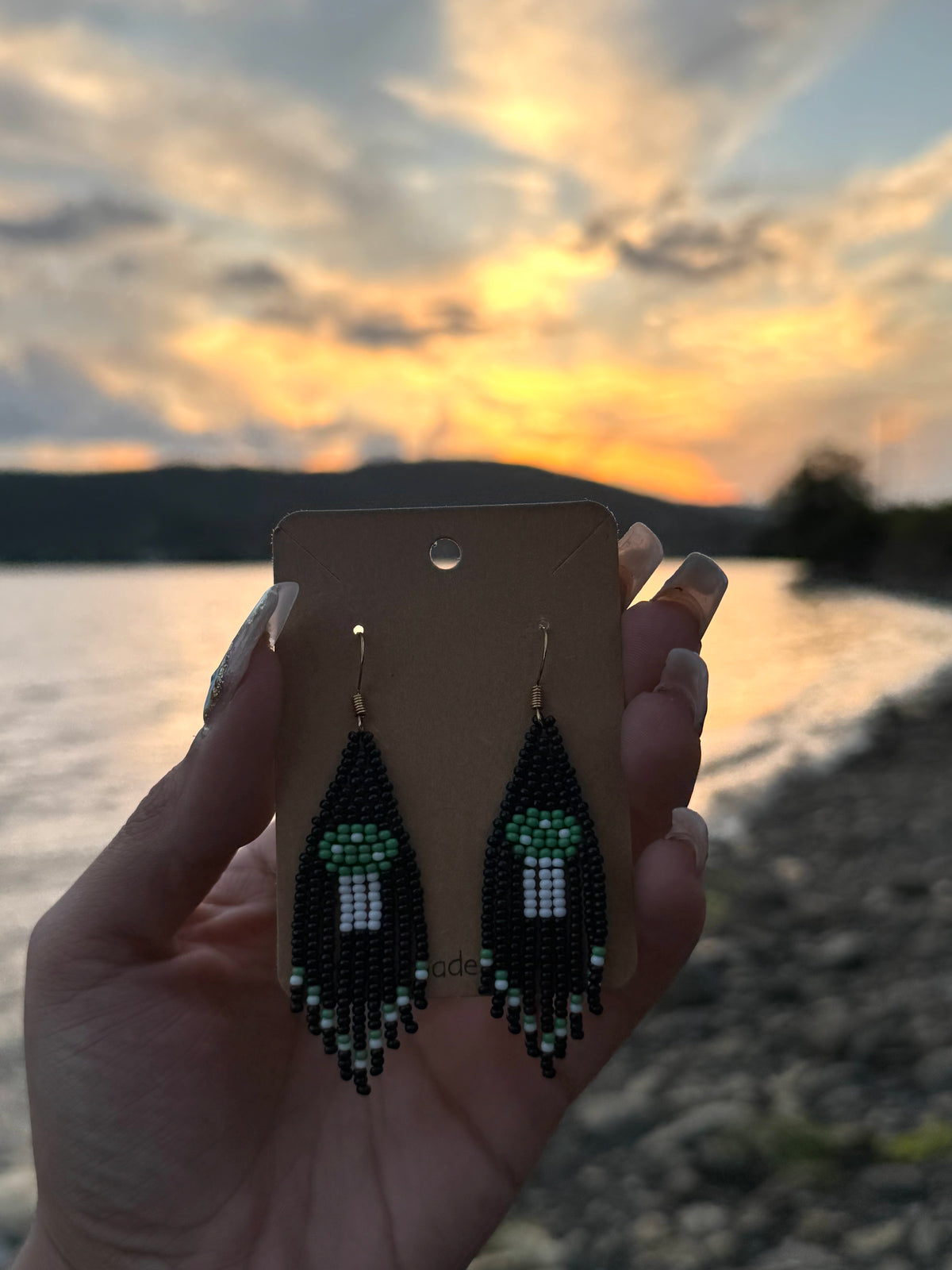 Beaded Earrings - Mushroom Green & White