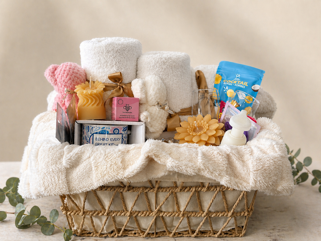 Utimate Gift Bag w/Spa Towels, 🦈Tank Drink Bombs, Beeswax candles, Honeybalm….